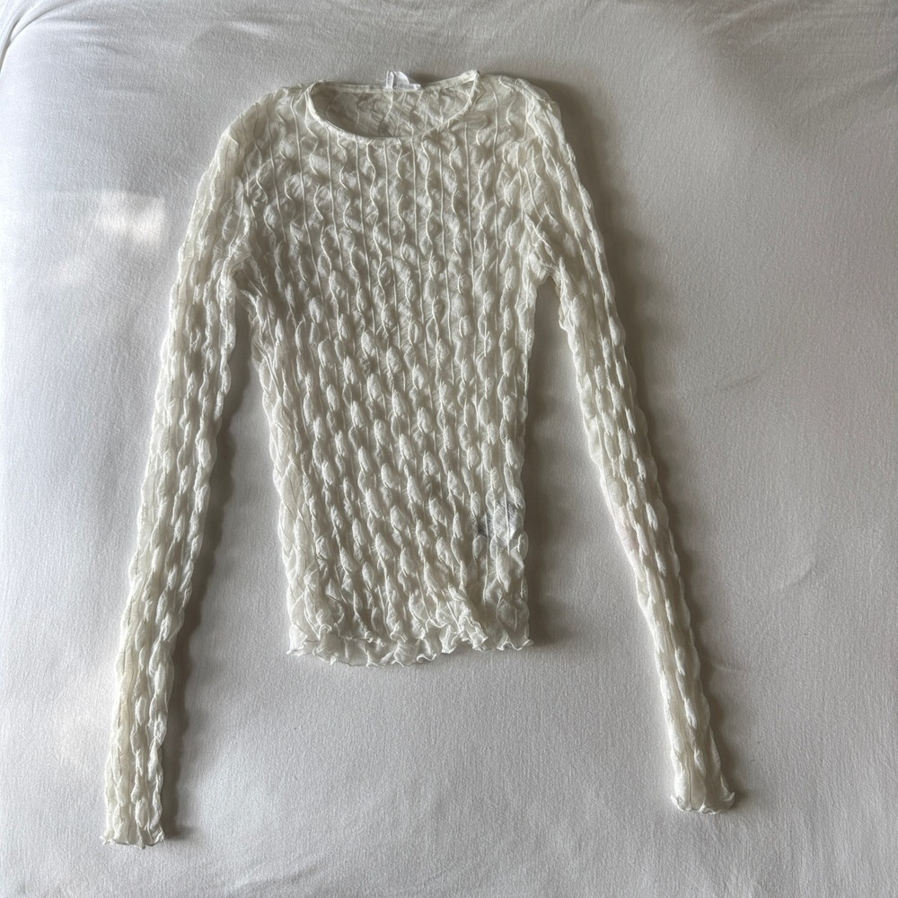 Y2K Mesh Popcorn Textured Lettuce Edge Top M Ivory Retro Monochromatic Minimal
